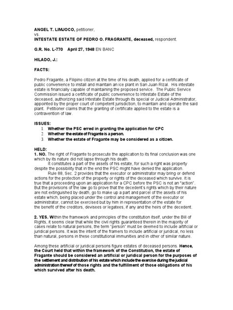 Limjoco v. Estate of Fragante Digest .